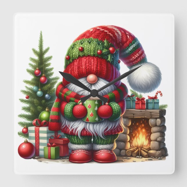 Relógio Quadrado Cozy Christmas Gnome Art – Festive Holiday (Frente)