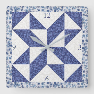 Relógio Quadrado Cozy Country Blue White Calico Faux Quilt Square