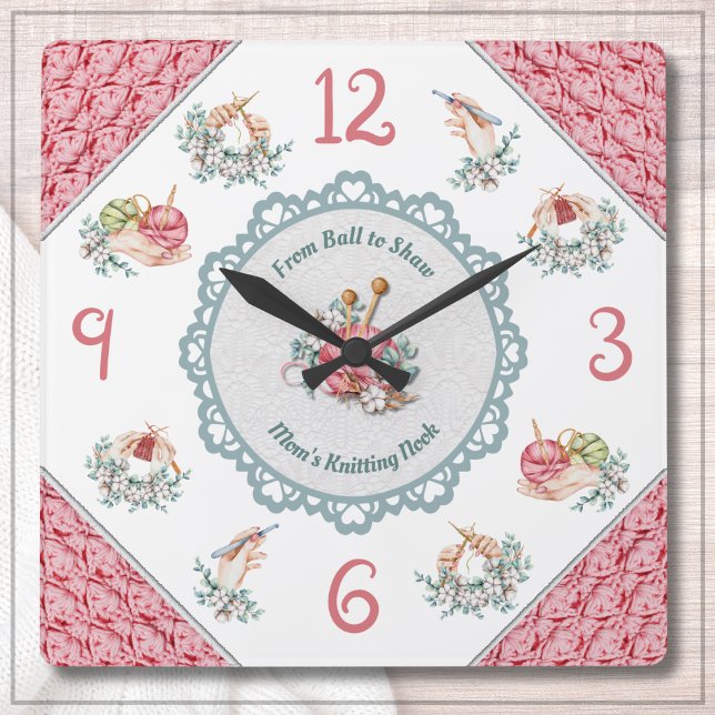 Relógio Quadrado Cozy Pink Knitting e Crochet Room Décor Clock (Cozy Pink Knitting and Crochet Room Décor Clock)