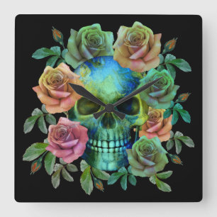 RELÓGIO QUADRADO CRÂNIO VERDE MORTE COM FLORES