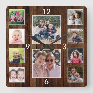 Relógio Quadrado Create Your Own 10 Photo Collage Pallet Wood