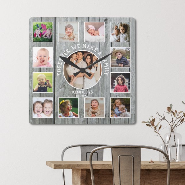 Relógio Quadrado Create Your Own 13 Photo Collage Rustic Gray Wood (Picture frame family quote 13 photo collage gray wood wall clock)