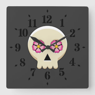 Relógio Quadrado Creepy Cute Kawaii Goth Skull with Flowers