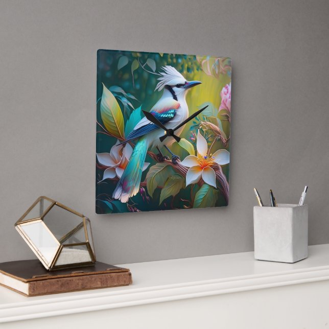 Relógio Quadrado Crested Teal Winged Jay (Escritório)