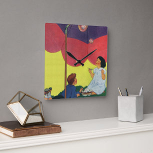 Relógio Quadrado Crianças Antigas Sopram Bolhas Sob um Guarda-Chuva