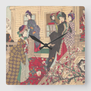 Relógio Quadrado Crianças Brincando na Neve sob Ameixas