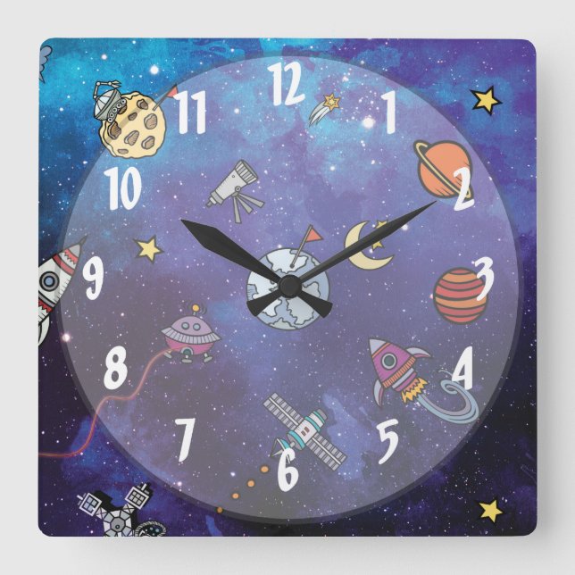 Relógio Quadrado Crianças - Espaço Exterior (Frente)