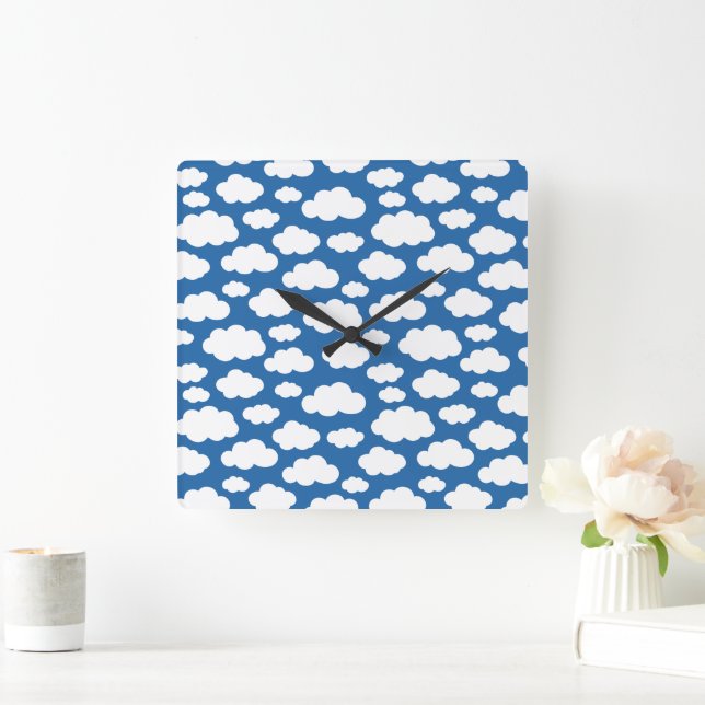 Relógio Quadrado Crianças Nuvens Fofas no Céu Azul Branco (Lar)
