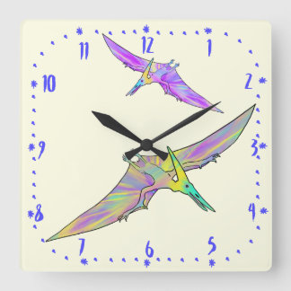 Relógio Quadrado Crianças Pré-Históricas Coloridas De Pterodátilo