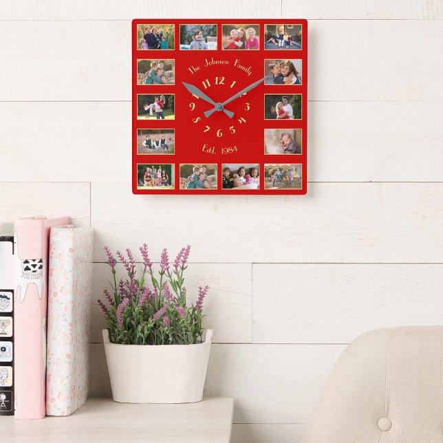 Relógio Quadrado Criar a Colagem de Fotos Personalizada da Família  (Create Custom 14 Family Photo Collage Red Gold Squ Square Wall Clock)
