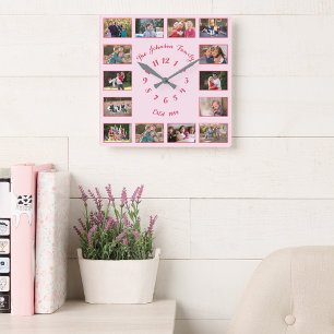 Relógio Quadrado Criar Colagem de Fotos Personalizada Rosa Casal Fa