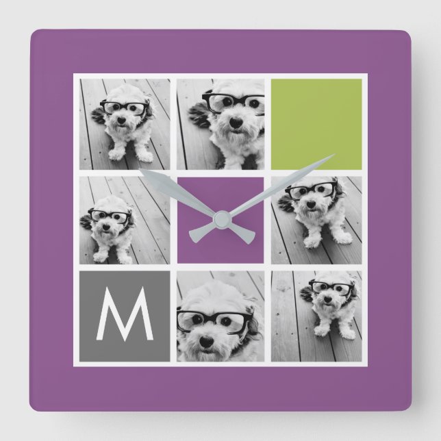 Relógio Quadrado Criar seu próprio monograma do costume da colagem (Frente)