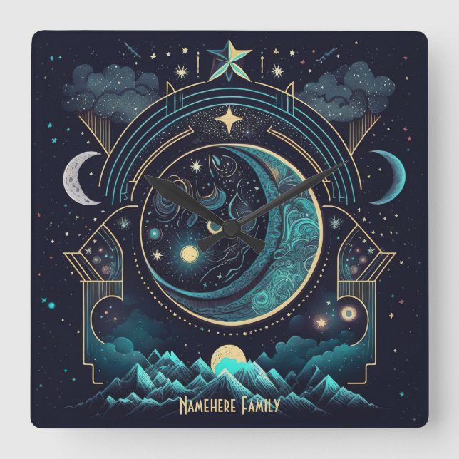 Relógio Quadrado Crie a sua Abstrato Celestial Paisagem (Frente)
