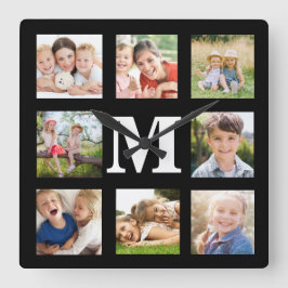 Relógio Quadrado Crie a sua família 8 Colagem de Fotografias Preto