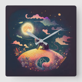 Relógio Quadrado Crie a sua paisagem mística de gatos pretos