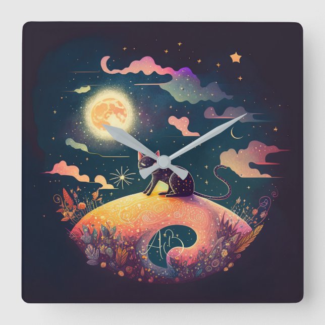 Relógio Quadrado Crie a sua paisagem mística de gatos pretos (Frente)