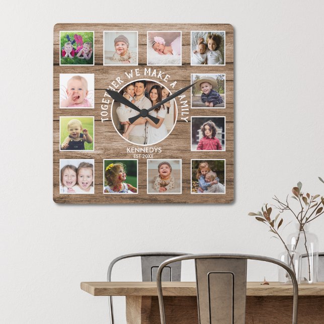 Relógio Quadrado Crie A Sua Própria 13 Fotocolagem Colagem De Madei (Picture frame family quote 13 photo collage wood wall clock)