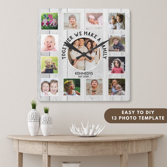 Relógio Quadrado Crie A Sua Própria Colagem De Fotografias Com Uma  (13 Photo collage family quote rustic wood clock)