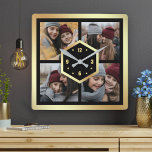 Relógio Quadrado Crie o seu próprio colagem de 4 fotos preto e Dour<br><div class="desc">Carregue suas fotos favoritas para fazer seu próprio presente de fotos personalizadas.</div>
