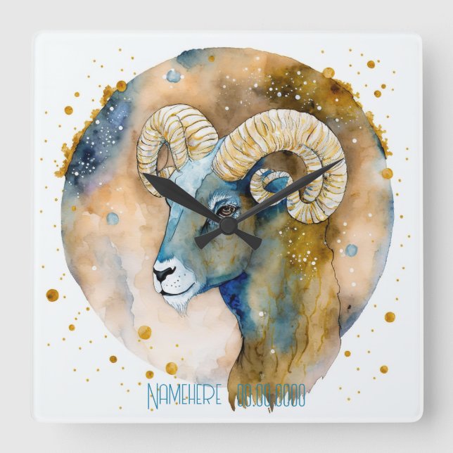 Relógio Quadrado Crie o seu próprio Dourado e Blue Aries Zodiac (Frente)