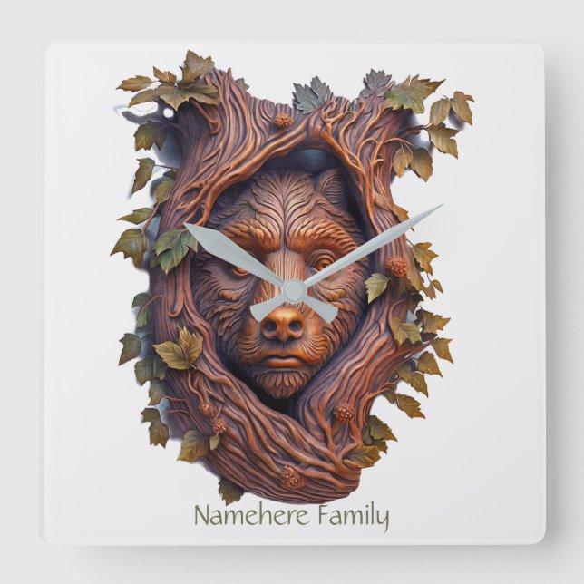 Relógio Quadrado Crie O Seu Próprio Urso De Madeira Faux Bois Em 3D (Frente)