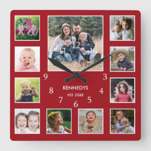 Relógio Quadrado Crie o vermelho da Colagem de Fotos do Nome da Fam