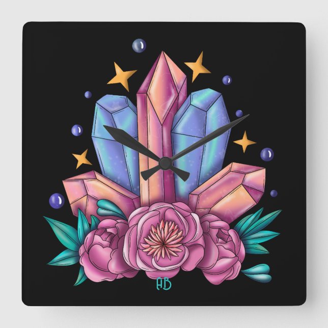 Relógio Quadrado Crie os seus próprios cristais e Rosas (Frente)