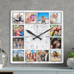 Relógio Quadrado Crie seu mármore elegante de colagem de fotos pers<br><div class="desc">Crie seu próprio relógio personalizado de colagem de 12 fotos com suas imagens personalizadas em um na moda elegante fundo de mármore branco. Adicione suas fotos, designs ou trabalhos de arte favoritos para criar algo realmente único. Para editar este modelo de design, basta carregar a sua própria imagem conforme mostrado...</div>