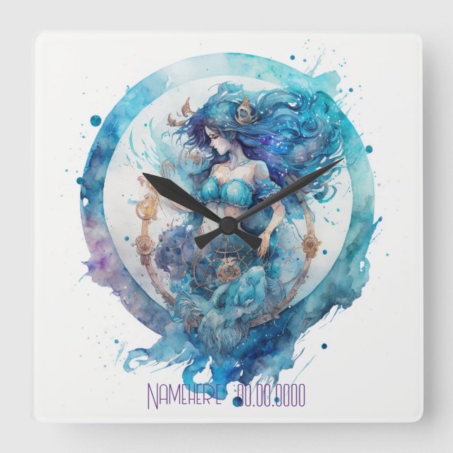 Relógio Quadrado Crie seu próprio Aquário Roxo e Azul Zodiac (Frente)