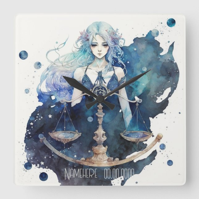 Relógio Quadrado Crie seu próprio Blue & Teal Libra Zodiac (Frente)