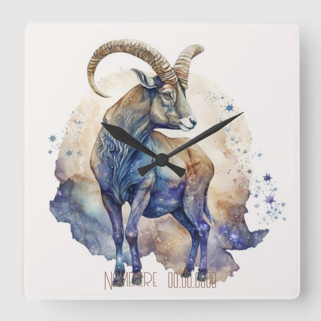 Relógio Quadrado Crie seu próprio Capricórnio Místico Dourado e Azu (Frente)