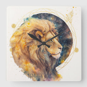 Relógio Quadrado Crie seu próprio Dourado e azul Leo Zodiac