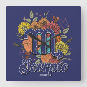 Relógio Quadrado Crie Seu Próprio Escorpião Floral Estrelado Zodiac