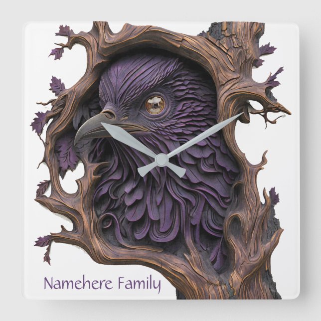 Relógio Quadrado Crie Seu Próprio Faux Bois Gravado Black Raven (Frente)