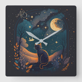 Relógio Quadrado Crie Seu Próprio Gato Místico Cênico Preto