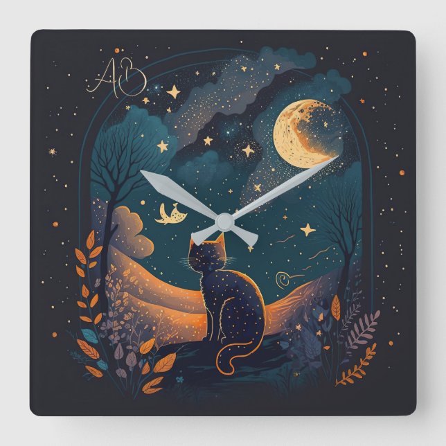 Relógio Quadrado Crie Seu Próprio Gato Místico Cênico Preto (Frente)