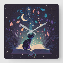 Relógio Quadrado Crie seu próprio Gato Preto Místico