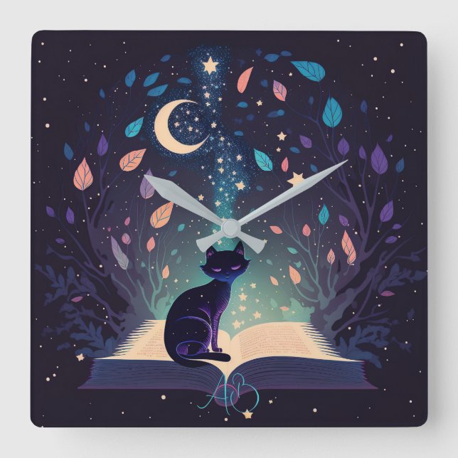 Relógio Quadrado Crie seu próprio Gato Preto Místico (Frente)