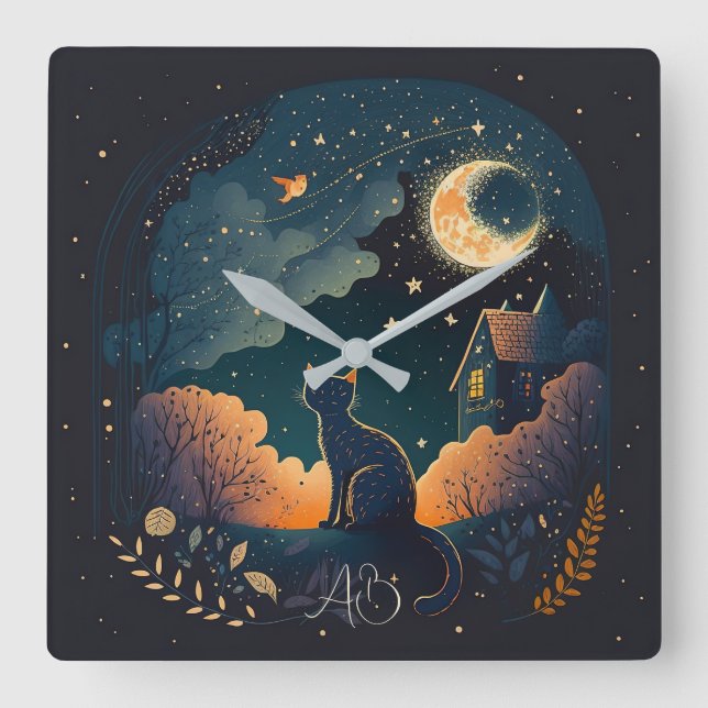Relógio Quadrado Crie seu próprio gato preto místico da meia-noite (Frente)