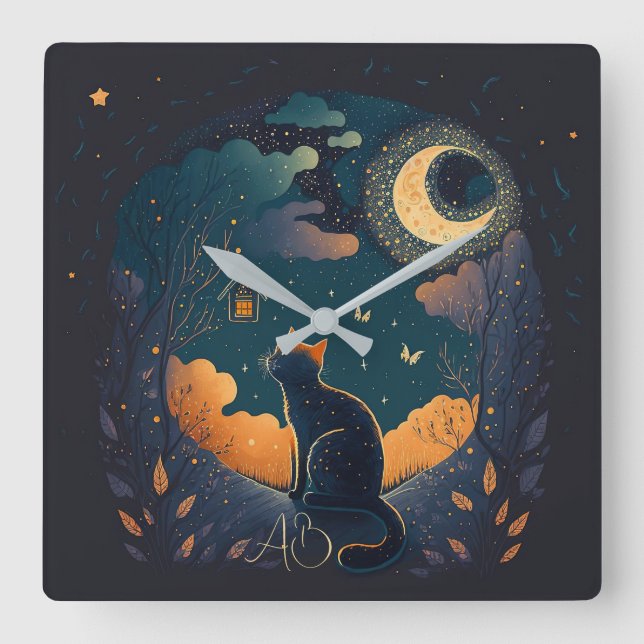 Relógio Quadrado Crie seu próprio gato preto místico e pássaros (Frente)