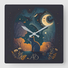 Relógio Quadrado Crie Seu Próprio Gato Preto Místico Sob Lua