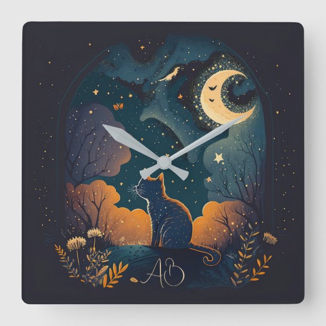 Relógio Quadrado Crie Seu Próprio Gato Preto Místico Sob Lua (Frente)