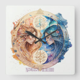 Relógio Quadrado Crie seu próprio Gemini Místico Azul e Dourado Zod