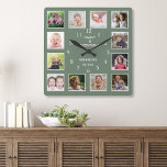 Relógio Quadrado Crie seu próprio quadro verde de colagem de fotos<br><div class="desc">Crie seu próprio relógio de colagem de fotos com 12 de suas fotos favoritas. O relógio do fotograma ajuda a valorizar seus momentos especiais e também faz um presente pensativo para pais, avós e amigos. O relógio familiar personalizado faz dele um presente perfeito para todas as ocasiões. Personalize com o...</div>