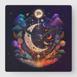 Relógio Quadrado Crie seu próprio Rainbow Crescent Moon e Wildflowe