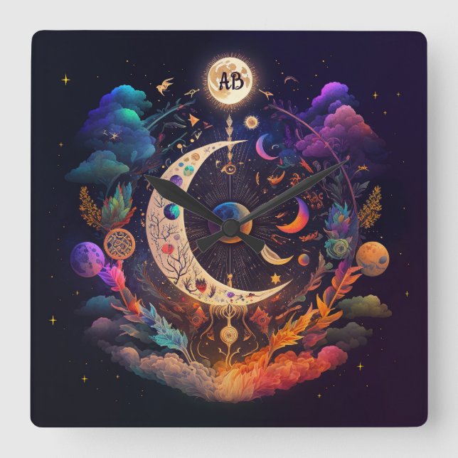 Relógio Quadrado Crie seu próprio Rainbow Crescent Moon e Wildflowe (Frente)