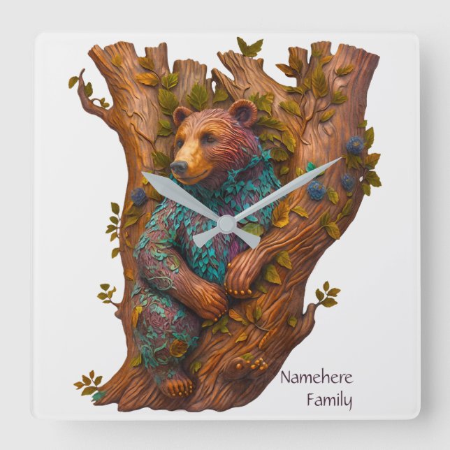 Relógio Quadrado Crie Seu Próprio Urso De Madeira Esculpido Em 3D (Frente)