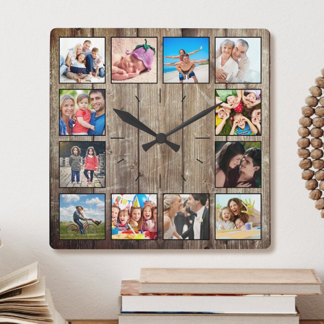 Relógio Quadrado Crie seu quartel-general russo de colagem de fotos (This farmhouse square wall clock is a perfect way to showcase your photos in a cozy and rustic style)