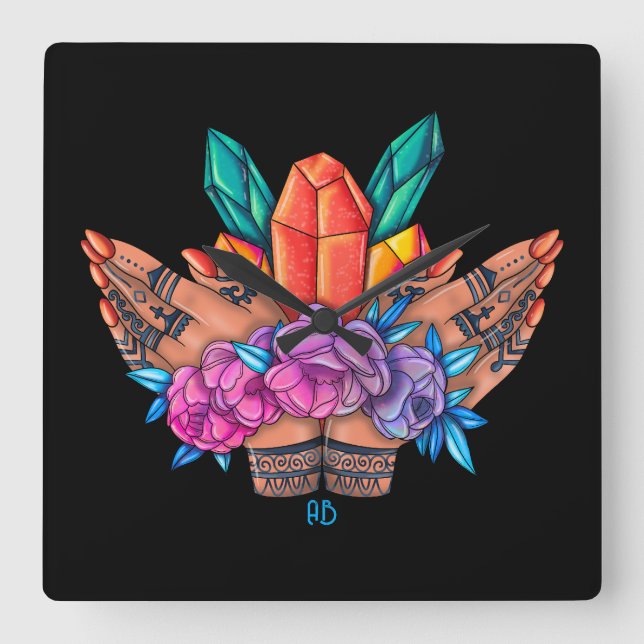 Relógio Quadrado Crie seus próprios cristais e Rosas de mão Henna (Frente)