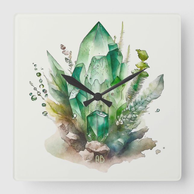 Relógio Quadrado Crie seus próprios cristais verdes esmeraldos (Frente)